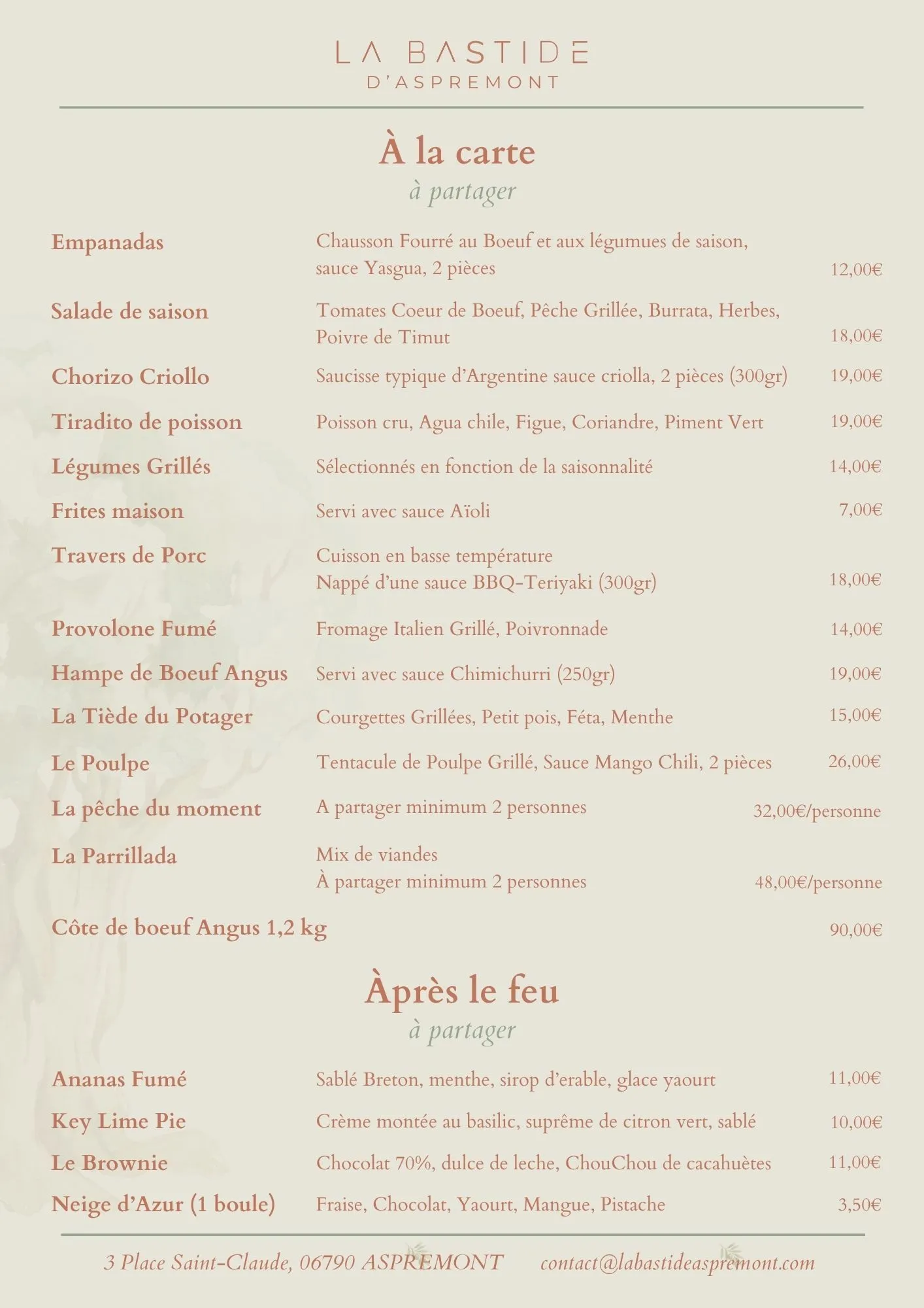 La Bastide d'Aspremont — à la carte, plats et desserts à partager
